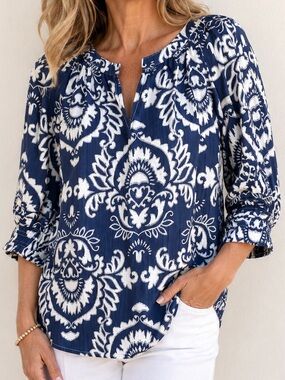 Ellison Navy White Damask Print Peasant Blouse Medium